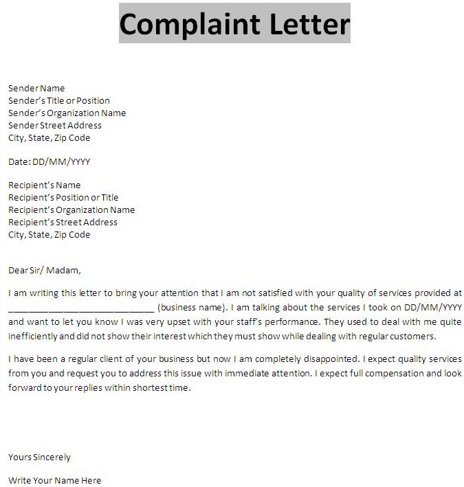 formal complaint letter sample business